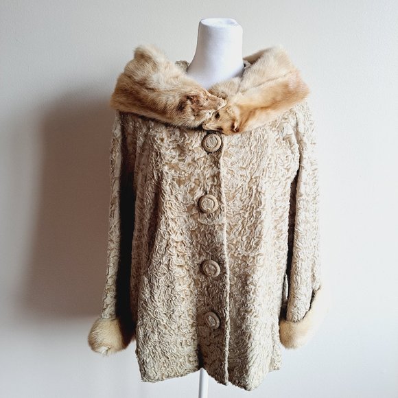 Fur Label Authority Vintage Beige Women's Lamb Coat with Mink Collar Medium - Picture 1 of 16
